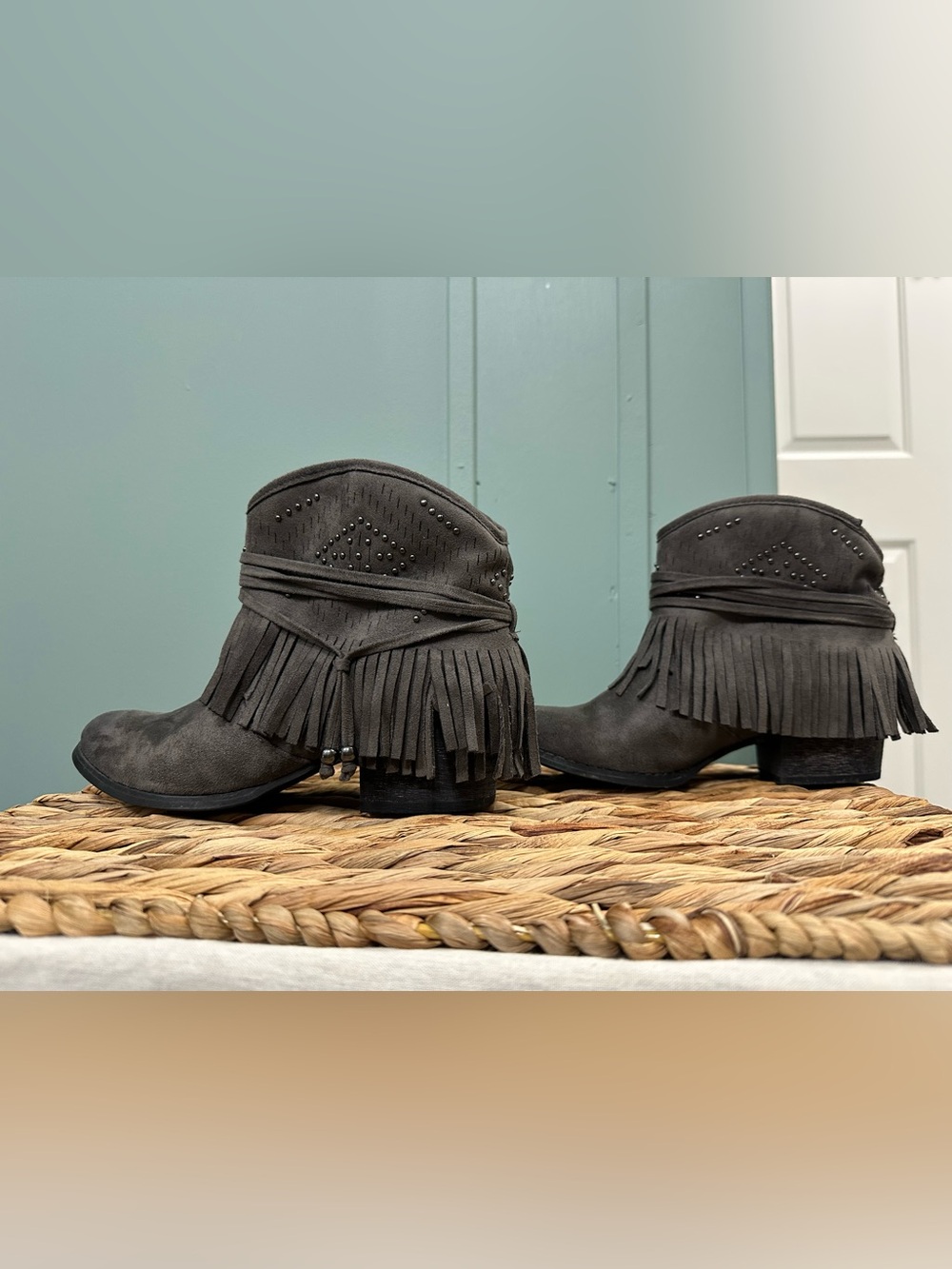 Not Rated Fringe Studded Ankle Boots - Dark Gray